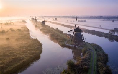 Kinderdijk, moinhos, manh&#227;, nevoeiro, nascer do sol, velhos moinhos, Holanda do Sul, Holanda