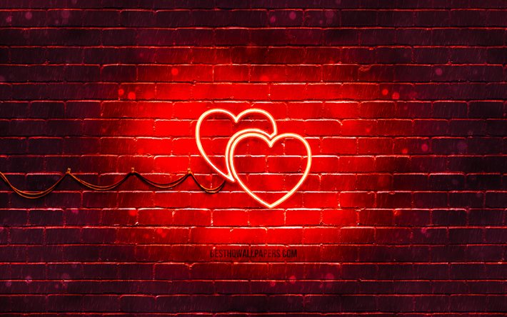 İki Kalp neon simgesi, 4k, kırmızı arka plan, neon semboller, İki Kalp, neon simgeler, İki Kalp işareti, aşk işaretleri, İki Kalp simgesi, aşk simgeleri, aşk kavramları