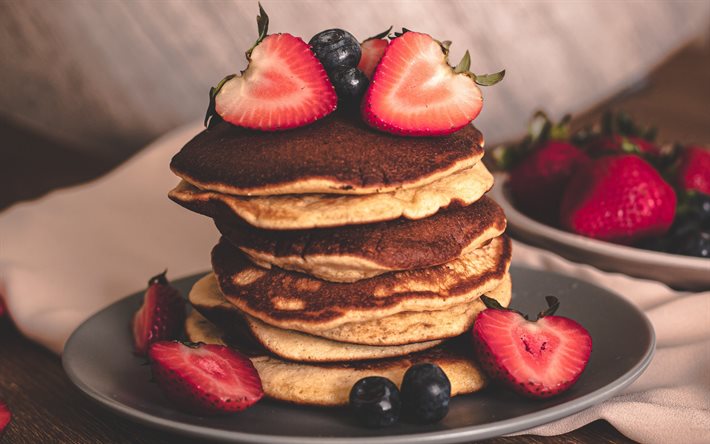pancakes with strawberries, pastries, berries, pancakes, strawberries