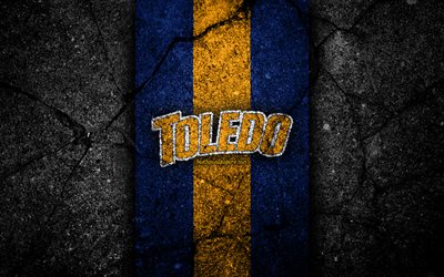 Toledo Rockets, 4k, american football team, NCAA, yellow blue stone, USA, asphalt texture, american football, Toledo Rockets logo