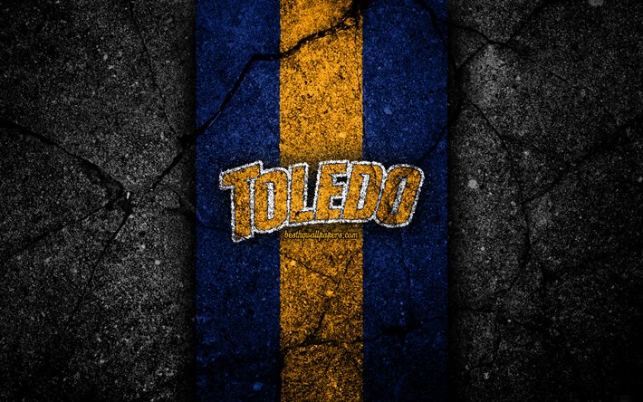 Toledo Rockets, 4k, &#233;quipe de football am&#233;ricain, NCAA, jaune, bleu stone, etats-unis, l&#39;asphalte, la texture, le football am&#233;ricain, Toledo Rockets logo