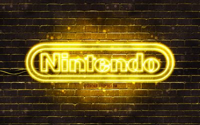 Nintendo gul logotyp, 4k, gul brickwall, Nintendo logotyp, varum&#228;rken, Nintendo neon logotyp, Nintendo