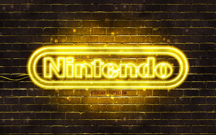 Nintendo keltainen logo, 4k, keltainen tiilisein&#228;, Nintendo logo, tuotemerkit, Nintendo neon logo, Nintendo