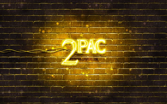 Logo giallo 2pac, 4k, superstar, rapper americano, brickwall giallo, logo 2pac, Tupac Amaru Shakur, 2pac, star della musica, logo al neon 2pac