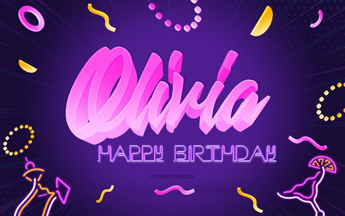 alles gute zum geburtstag olivia, 4k, lila party hintergrund, olivia, kreative kunst, alles gute olivia geburtstag, olivia name, nora geburtstag, geburtstag party hintergrund