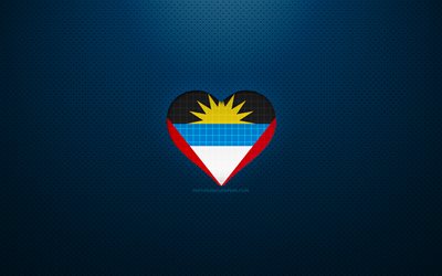 Me encanta Antigua y Barbuda, 4k, pa&#237;ses de Am&#233;rica del Norte, fondo de puntos azules, Antigua y Barbuda, pa&#237;ses favoritos, Amor Antigua y Barbuda, Bandera de Antigua y Barbuda