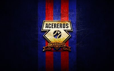 Acereros de Monclova, golden logo, LMB, blue metal background, mexican baseball team, Mexican Baseball League, Acereros de Monclova logo, baseball, Mexico