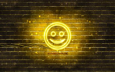 &#205;cone neon happy face, 4k, fundo amarelo, &#237;cones sorridentes, Happy Face Emotion, s&#237;mbolos de neon, Happy Face, &#237;cones de neon, sinal de Rosto Feliz, sinais de emo&#231;&#227;o, &#237;cones do Rosto Feliz, &#237;cones da emo&#231;&#227