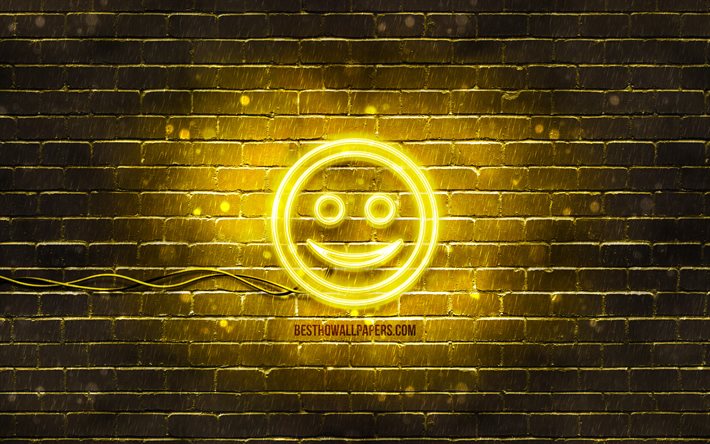 happy face neon-symbol, 4k, gelben hintergrund, smiley-symbole, happy face emotion, neon-symbole, happy face, happy face zeichen, emotion zeichen, happy face-symbol, emotion symbole