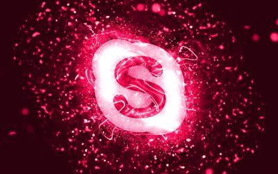 Logotipo rosa do Skype, 4k, luzes de neon rosa, fundo criativo, rosa abstrato, logotipo do Skype, marcas, Skype