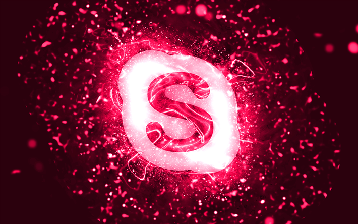 Skype vaaleanpunainen logo, 4k, vaaleanpunaiset neonvalot, luova, vaaleanpunainen abstrakti tausta, Skype-logo, tuotemerkit, Skype
