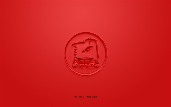 East Riffa Club, creative 3D logo, red background, Bahraini Premier League, 3d emblem, QSL, Bahraini Football Club, Riffa, Bahrain, 3d art, football, East Riffa Club 3d logo