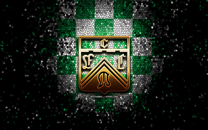Clube Ferro Carril Oeste, logotipo glitter, Primera Nacional, fundo xadrez branco verde, futebol, clube de futebol argentino, logotipo Ferro Carril Oeste, arte em mosaico, Ferro Carril Oeste FC