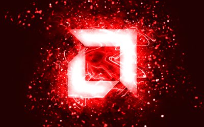 AMD kırmızı logosu, 4k, kırmızı neon ışıkları, yaratıcı, kırmızı soyut arka plan, AMD logosu, markalar, AMD
