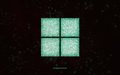 Windows 11 glitter logo, black background, Windows 11 logo, turquoise glitter art, Windows 11, creative art, Windows 11 turquoise glitter logo, Windows logo, Windows
