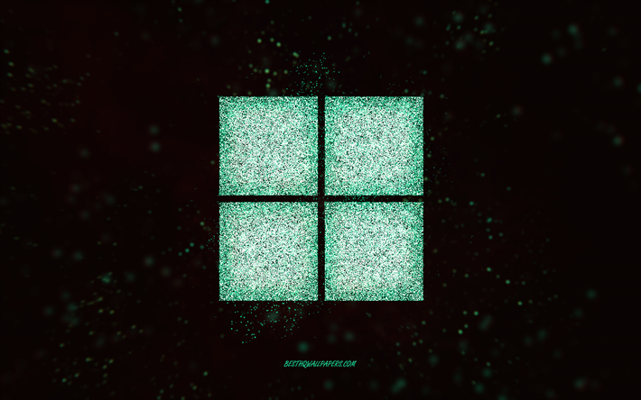 Windows 11 glitter logo, musta tausta, Windows 11 logo, turkoosi glitter art, Windows 11, luova taide, Windows 11 turkoosi glitter logo, Windows logo, Windows