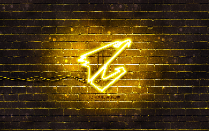 Aorus keltainen logo, 4k, keltainen tiilisein&#228;, Aorus-logo, tuotemerkit, Aorus Gigabyte, Aorus neonlogo, Aorus