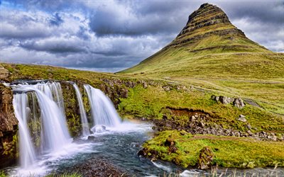 Kirkjufellsfoss, 4k, HDR, Monte Kirkjufell, estate, islandese punti di riferimento, scogliere, Grundarfjordur, Islanda, natura bellissima, Europa