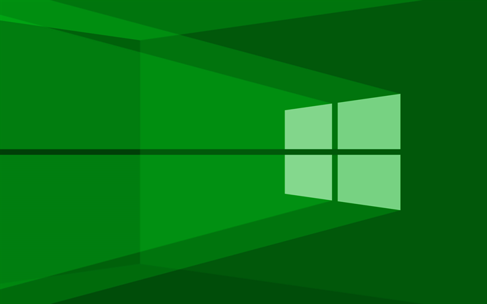 4K, Windows 10 yeşil logo, yeşil soyut arka plan, minimalizm, Windows 10 logosu, Windows 10 minimalizm, Windows 10