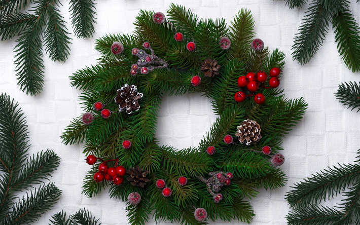 ダウンロード画像 クリスマスリース 4k 白い木の背景 メリークリスマス 新年あけましておめでとうございます クリスマス トウヒの枝 松かさ フリー のピクチャを無料デスクトップの壁紙