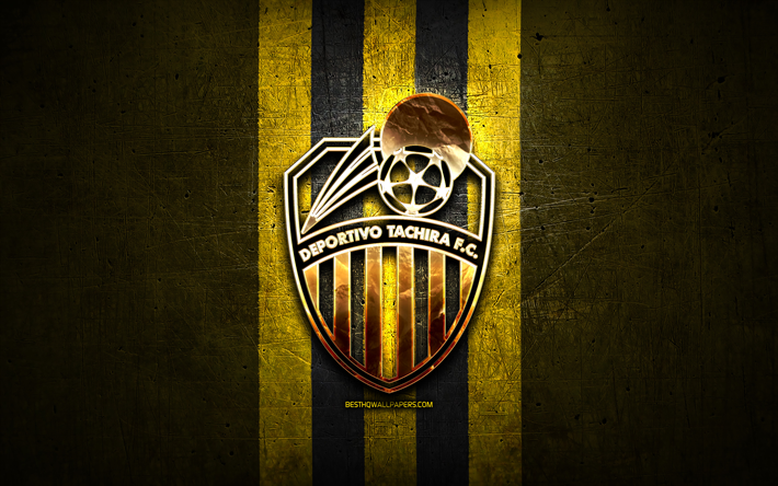 Deportivo Tachira FC, golden logo, La Liga FutVe, yellow metal background, football, Venezuelan football club, Deportivo Tachira logo, soccer, Venezuelan Primera Division, Deportivo Tachira