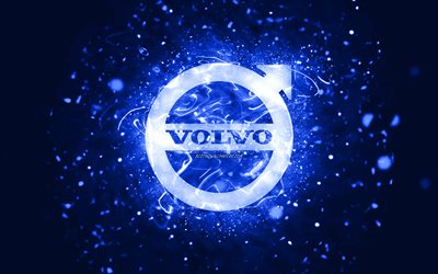 Volvo dark blue logo, 4k, dark blue neon lights, creative, dark blue abstract background, Volvo logo, cars brands, Volvo