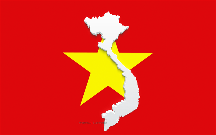Silhouette de carte du Vietnam, drapeau du Vietnam, silhouette sur le drapeau, Vietnam, silhouette de carte du Vietnam 3d, carte du Vietnam 3d