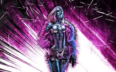 4k, Lizzy Wizzy, grunge sanat, Cyberpunk 2077, RPG, fan sanat, Cyberpunk 2077 karakterler, mor soyut ışınlar, Lizzy Wizzy Cyberpunk
