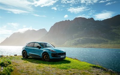 Porsche Macan GTS, 2021, mountain landscape, sport utility vehicle, new light blue Macan GTS, German cars, blue Macan, Porsche