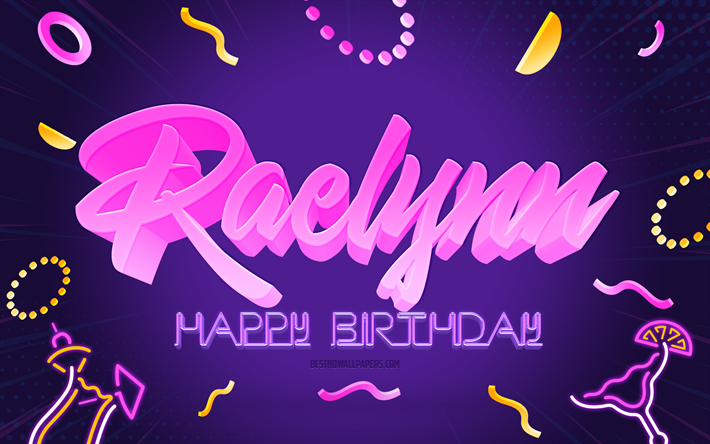 Happy Birthday Raelynn, 4k, Purple Party Background, Raelynn, creative art, Happy Raelynn birthday, Raelynn name, Raelynn Birthday, Birthday Party Background