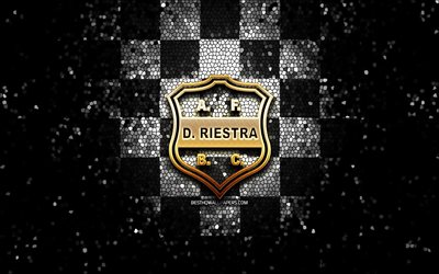 Deportivo Riestra, logo glitterato, Primera Nacional, sfondo bianco nero a scacchi, calcio, squadra di calcio argentina, logo Deportivo Riestra, arte del mosaico, Deportivo Riestra FC