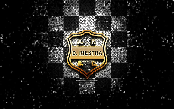Deportivo Riestra, glitter logo, Primera Nacional, white black checkered background, soccer, argentinian football club, Deportivo Riestra logo, mosaic art, football, Deportivo Riestra FC