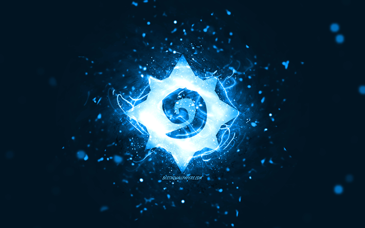 Hearthstone blue logo, 4k, blue neon lights, creative, blue abstract background, Hearthstone logo, online games, Hearthstone