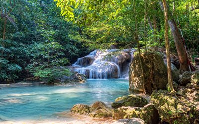 Thailand, vattenfall, djungel, mossa, tropikerna, sommar, vacker natur, Asien