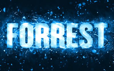 Happy Birthday Forrest, 4k, blue neon lights, Forrest name, creative, Forrest Happy Birthday, Forrest Birthday, popular american male names, picture with Forrest name, Forrest