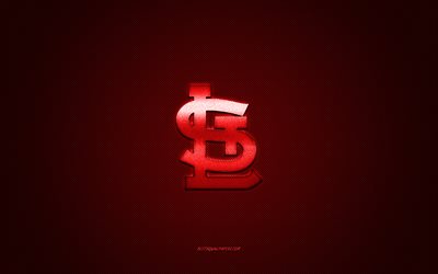 Emblema dei St Louis Cardinals, club di baseball americano, logo rosso, sfondo rosso in fibra di carbonio, MLB, St Louis Cardinals Insignia, baseball, St Louis, USA, Atlanta Braves