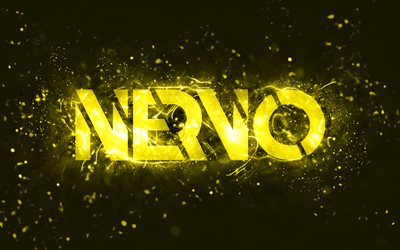 Nervo yellow logo, 4k, Australian DJs, yellow neon lights, Olivia Nervo, Miriam Nervo, yellow abstract background, Nick van de Wall, Nervo logo, music stars, Nervo