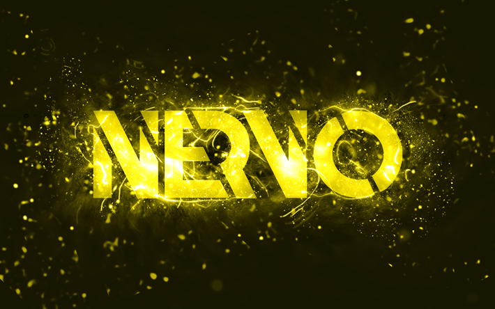 Logo jaune Nervo, 4k, DJ australiens, n&#233;ons jaunes, Olivia Nervo, Miriam Nervo, fond abstrait jaune, Nick van de Wall, logo Nervo, stars de la musique, Nervo