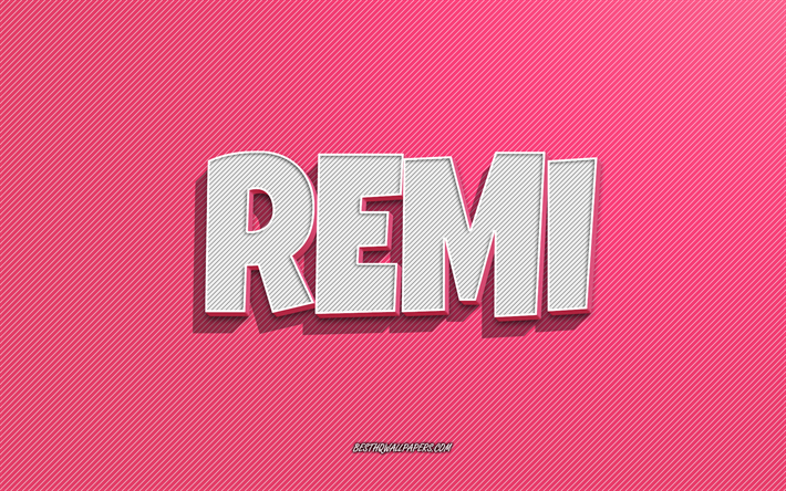 Remi, rosa linjer bakgrund, tapeter med namn, Remi namn, kvinnliga namn, Remi gratulationskort, streckteckning, bild med Remi namn