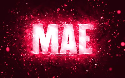 Buon Compleanno Mae, 4k, luci al neon rosa, nome Mae, creativo, Mae Buon Compleanno, Compleanno Mae, nomi femminili americani popolari, foto con nome Mae, Mae