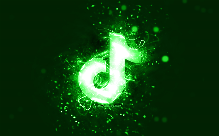 TikTok yeşil logo, 4k, yeşil neon ışıklar, yaratıcı, yeşil soyut arka plan, TikTok logosu, sosyal ağ, TikTok