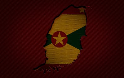 Carte de la Grenade, 4k, pays d'Amérique du Nord, drapeau de la Grenade, fond de carbone rouge, silhouette de la carte de la Grenade, Amérique du Nord, Grenade