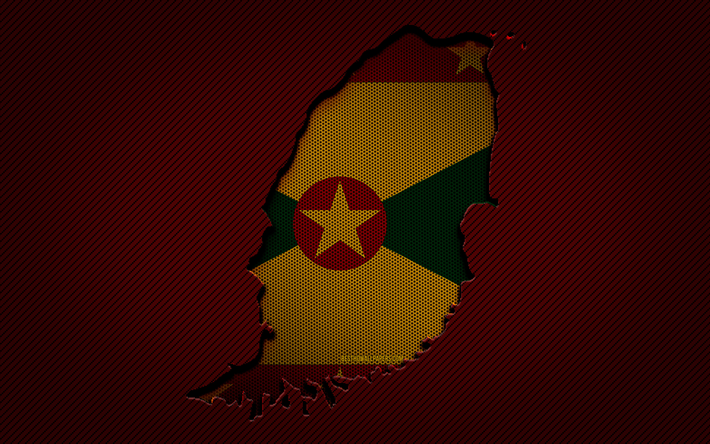 Carte de la Grenade, 4k, pays d&#39;Am&#233;rique du Nord, drapeau de la Grenade, fond de carbone rouge, silhouette de la carte de la Grenade, Am&#233;rique du Nord, Grenade
