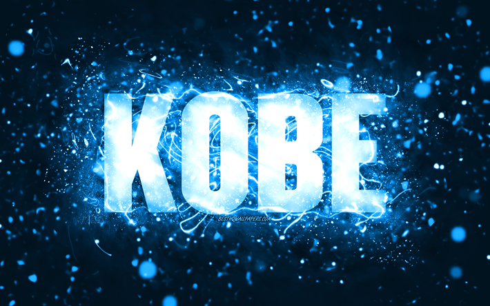 Joyeux anniversaire Kobe, 4k, n&#233;ons bleus, nom de Kobe, cr&#233;atif, joyeux anniversaire de Kobe, anniversaire de Kobe, noms masculins am&#233;ricains populaires, photo avec le nom de Kobe, Kobe