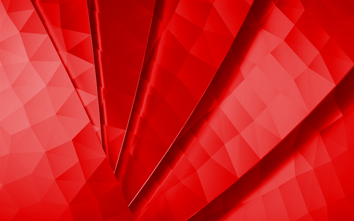 4k, 赤い抽象的な背景, 赤い多角形の背景, 赤い抽象化, 赤い線の背景, 創造的な赤い背景