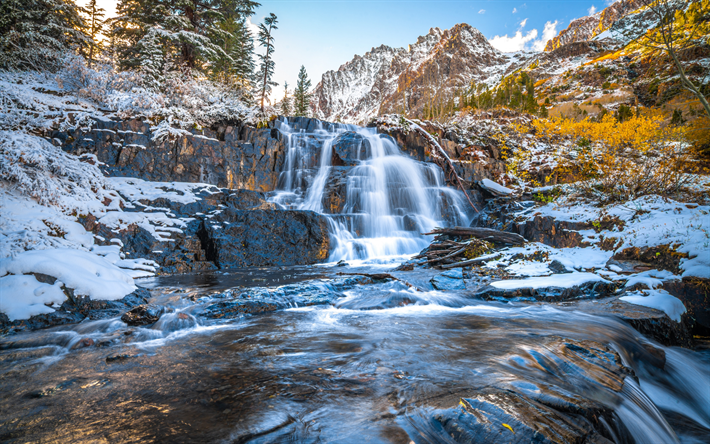 waterfall, morning, winter, rocky mountains, yellow trees, early winter, mountain landscape