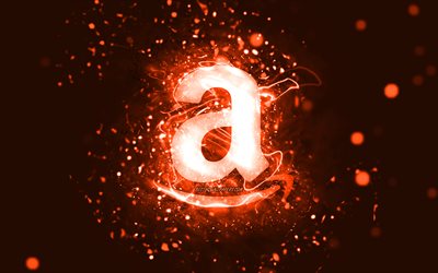 Amazon turuncu logosu, 4k, turuncu neon ışıkları, yaratıcı, turuncu soyut arka plan, Amazon logosu, markalar, Amazon