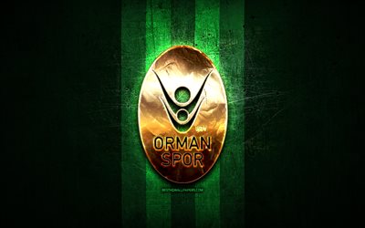 OGM Ormanspor, altın logo, Basketbol S&#252;per Ligi, yeşil metal arka plan, t&#252;rk basketbol takımı, OGM Ormanspor logosu, basketbol