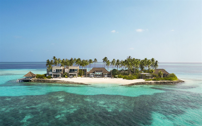 isola tropicale, oceano, ville di lusso, palme, viaggi estivi, isola nell&#39;oceano, Maldive