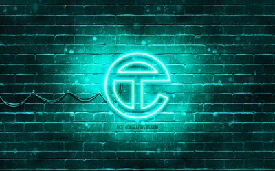 Telfar turchese logo, 4k, turchese muro di mattoni, Telfar logo, marchi, Telfar neon logo, Telfar